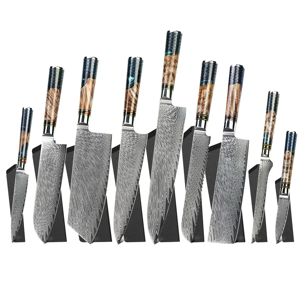 Resin Wood Handle Professional Damascus Steel Knife Set Damascus Steel Chef Set Kitchen Knife Set