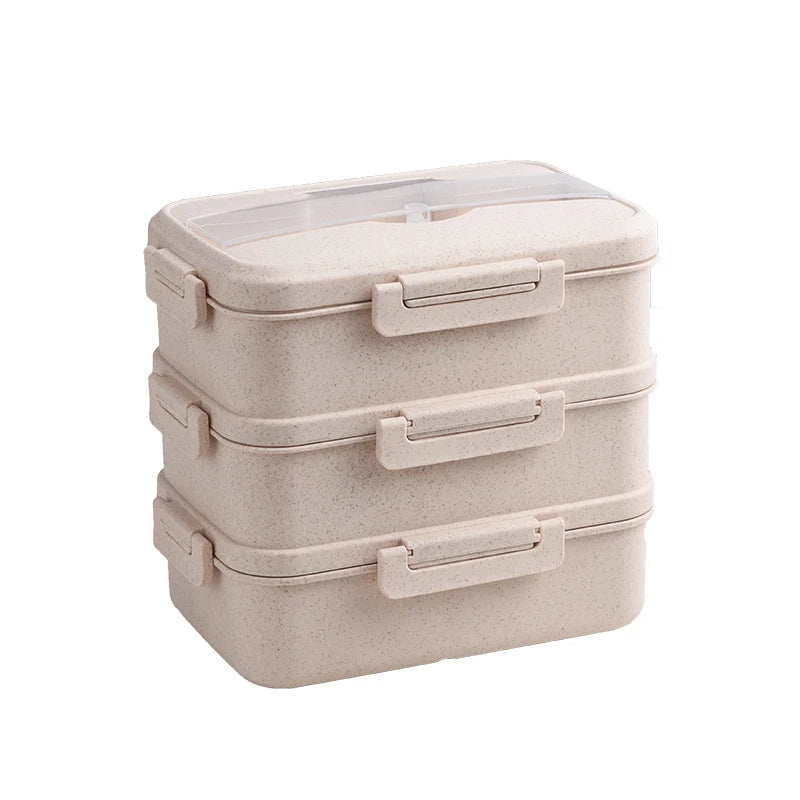 Portable 3-Layer Microwave-Safe Wheat Straw Bento Lunch Box for Kids for Back to School Meals