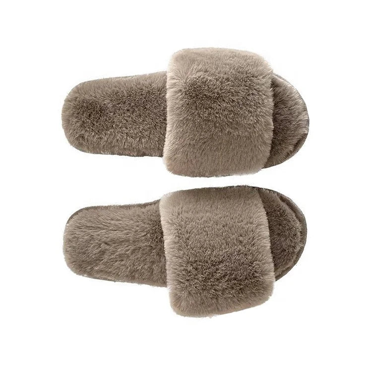 USA Wholesale Custom Label Faux Fur Warm Winter Mules Fluffy Indoor Slippers Women Home Bedroom Slides