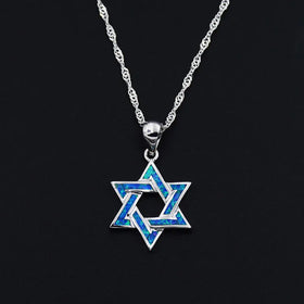 Judaica Jewish Star of David Chai Hebrew Israel Ocean Blue Fire Opal Pendant Necklace