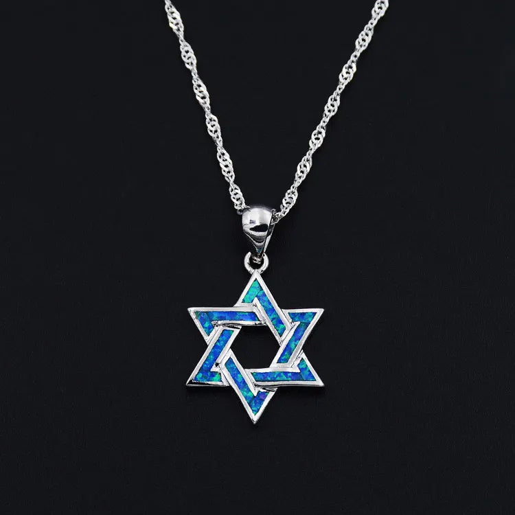 Judaica Jewish Star of David Chai Hebrew Israel Ocean Blue Fire Opal Pendant Necklace