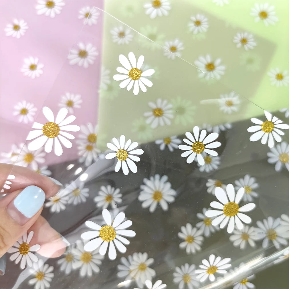 8 Pcs Daisy Jelly Vinyl 21cmx30cm Waterproof Translucent Glitter Flower Printed TPU Film for Pouches Keychains Jewelry Making