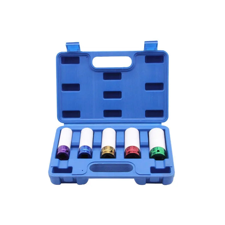 WZAUTO 15/17/19/21/22mm 5 Pieces 1/2 Inch Tire Protection Sleeve Wall Deep Impact Wheel Nut Socket Set With Box
