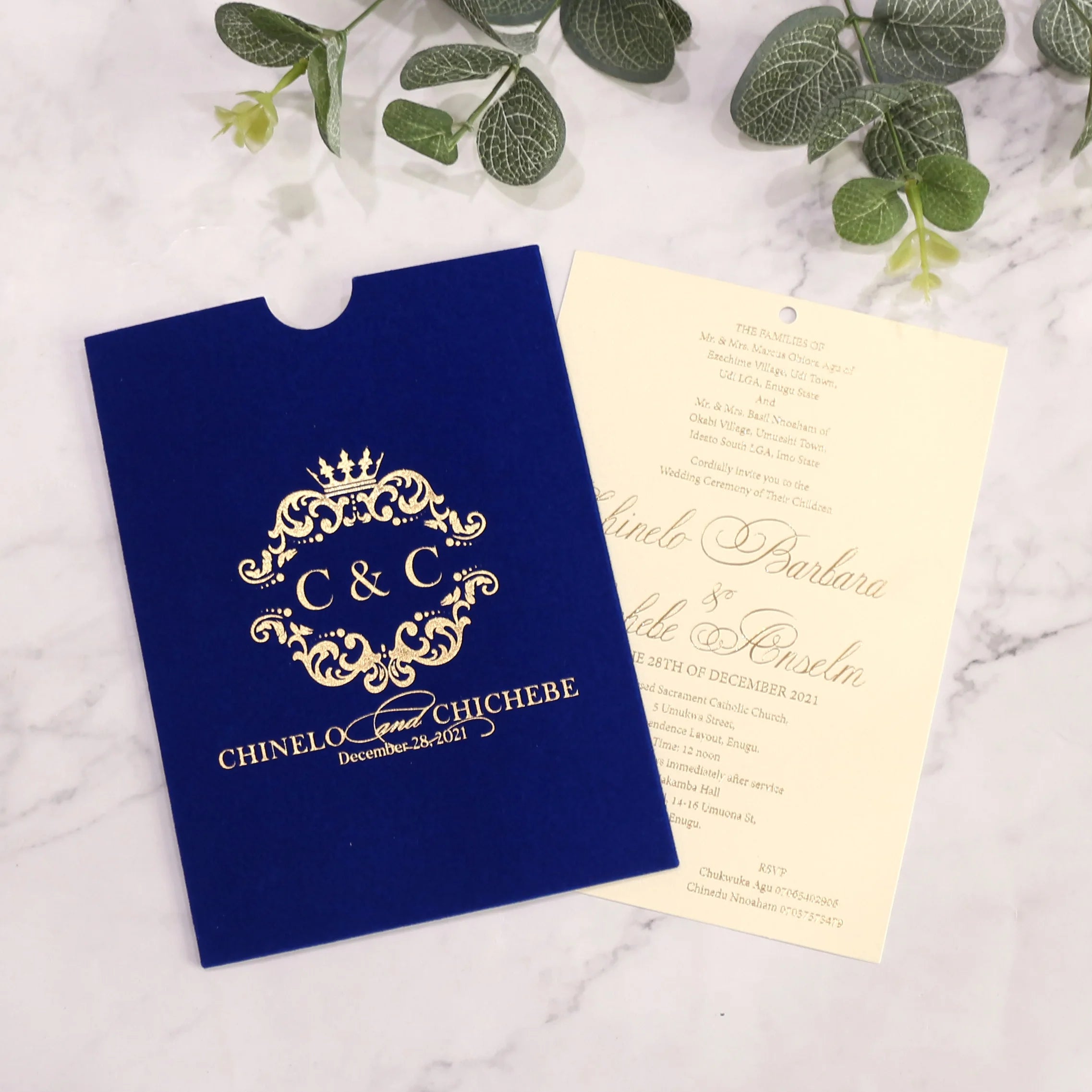 Custom Fancy Dark Blue Velvet Pocket Invitation with Tassel Luxury Handmade Wedding Cards Gold Foil Paper