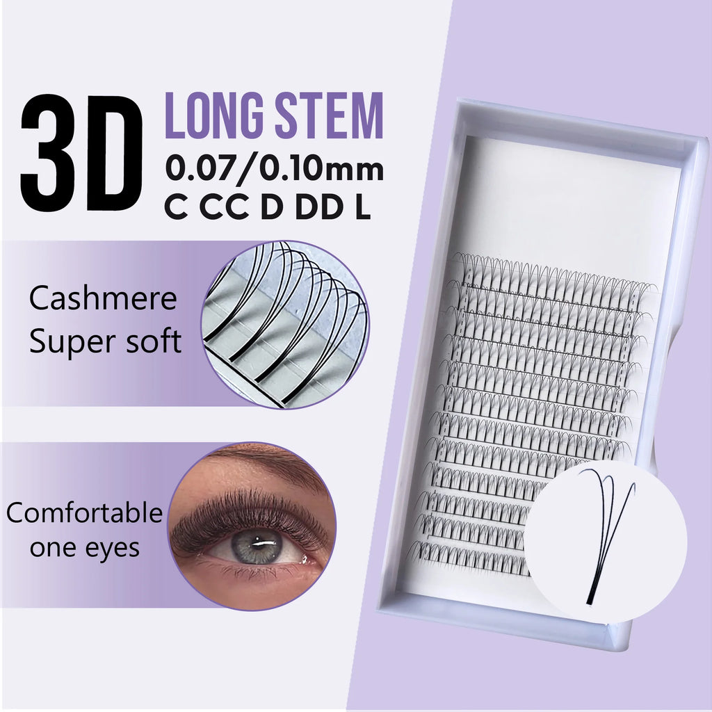 Heat Bonded 3D Lashes Long Stem Premade Fans Eyelash Extensions 0.07 0.10 Russian Volume Lashes Pointy Base Promade Lashes