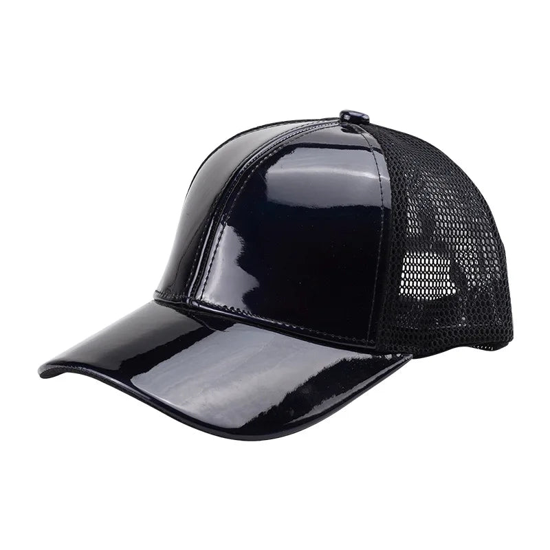 New Custom Patent Leather Baseball Caps PU Summer Trucker Mesh Baseball Cap Hat Snapback Hats