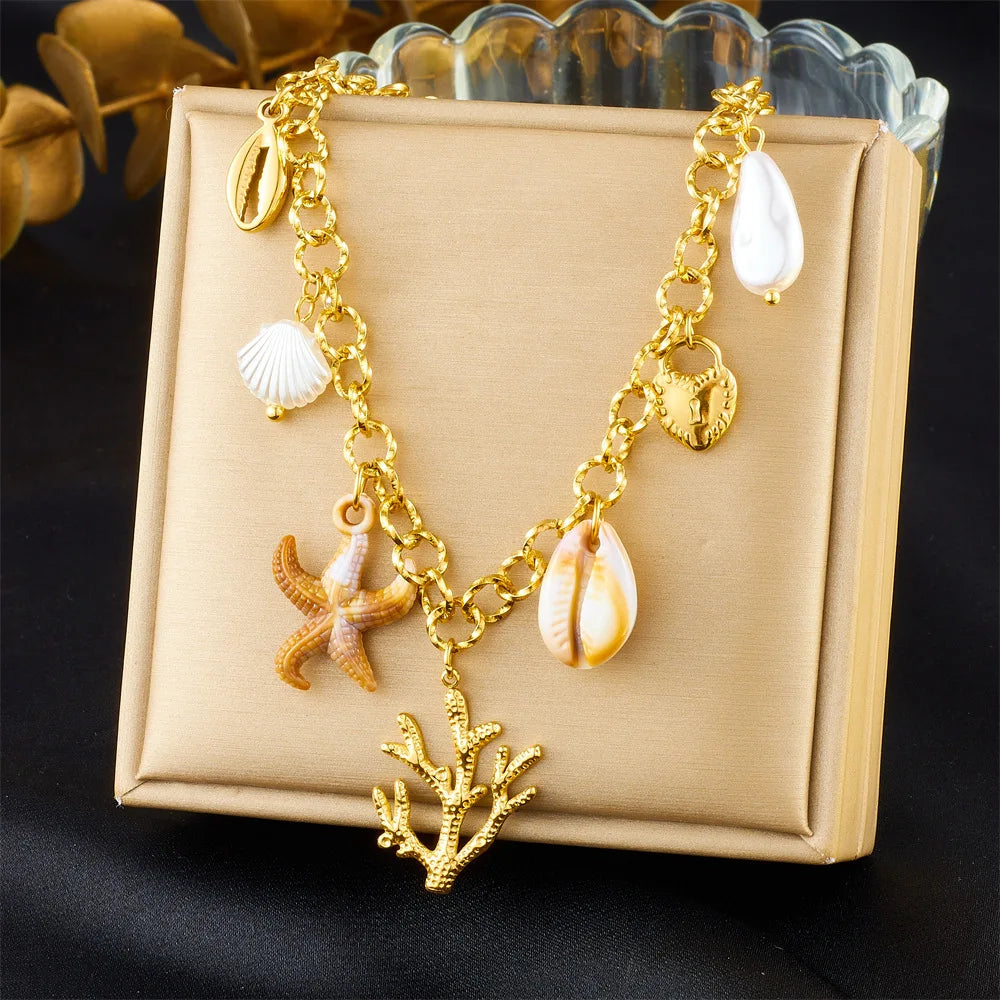 18k Pvd Gold Plated Ocean Beach Coral Pendant Necklace Non Tarnish Stainless Steel Starfish Shell Charm Necklace for Women