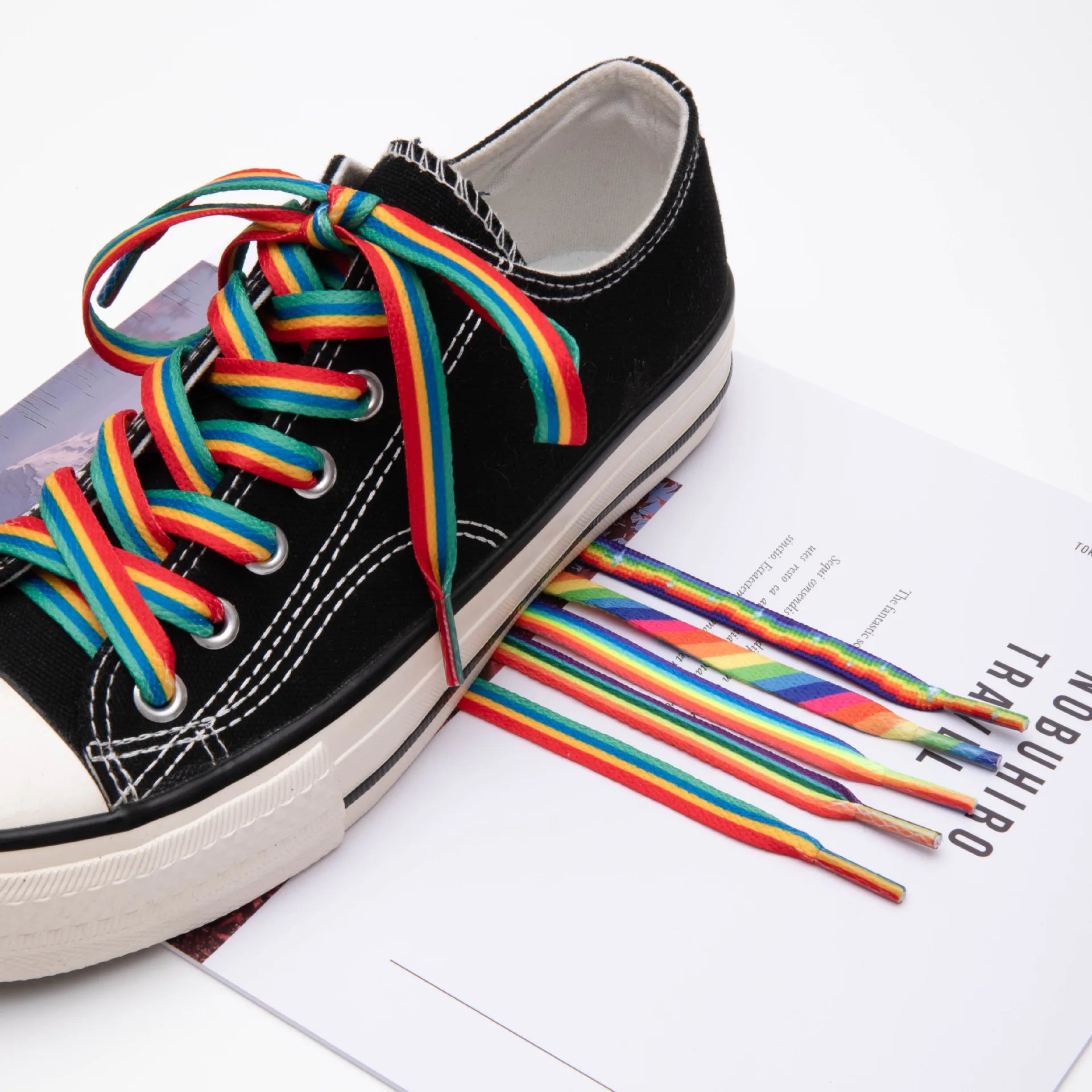Wholesale Six-Color Gradient Flat Shoelaces Rainbow Pattern Casual Sneaker Shoes 8mm Width Cross-Border Made Durable Polyester