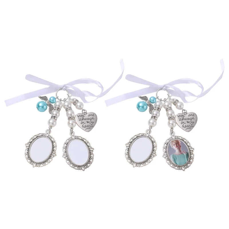 Hot Selling Sublimation Blank Customizable Silver Memorial Wedding Bouquet Photo Charm with Pearl