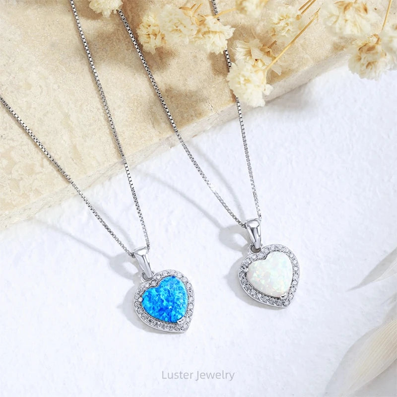 Luster Jewelry 925 Sterling Silver Blue Fire Opal Heart Pendant Necklace for Women Fashion Jewellery