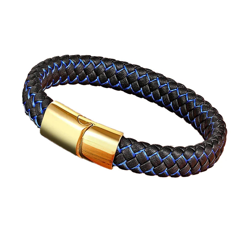 Quality Punk Jewelry Black Blue Braided Real Leather Bracelet with Stainless Steel Magnetic Buckle Fashion Charm Bangle for Men