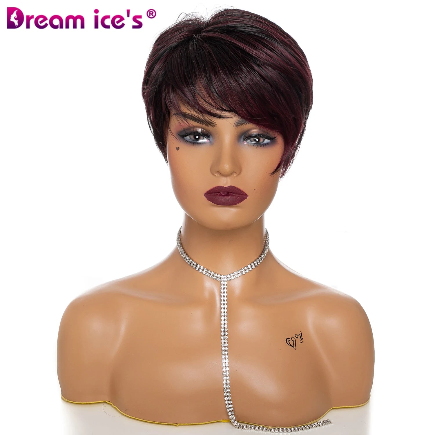 DREAM.ICE'S Hot Selling Natural Women Short Straight Bob Style Synthetic Hair Wigs With Bangs Mixed Burg Color Fashion Daily Wig