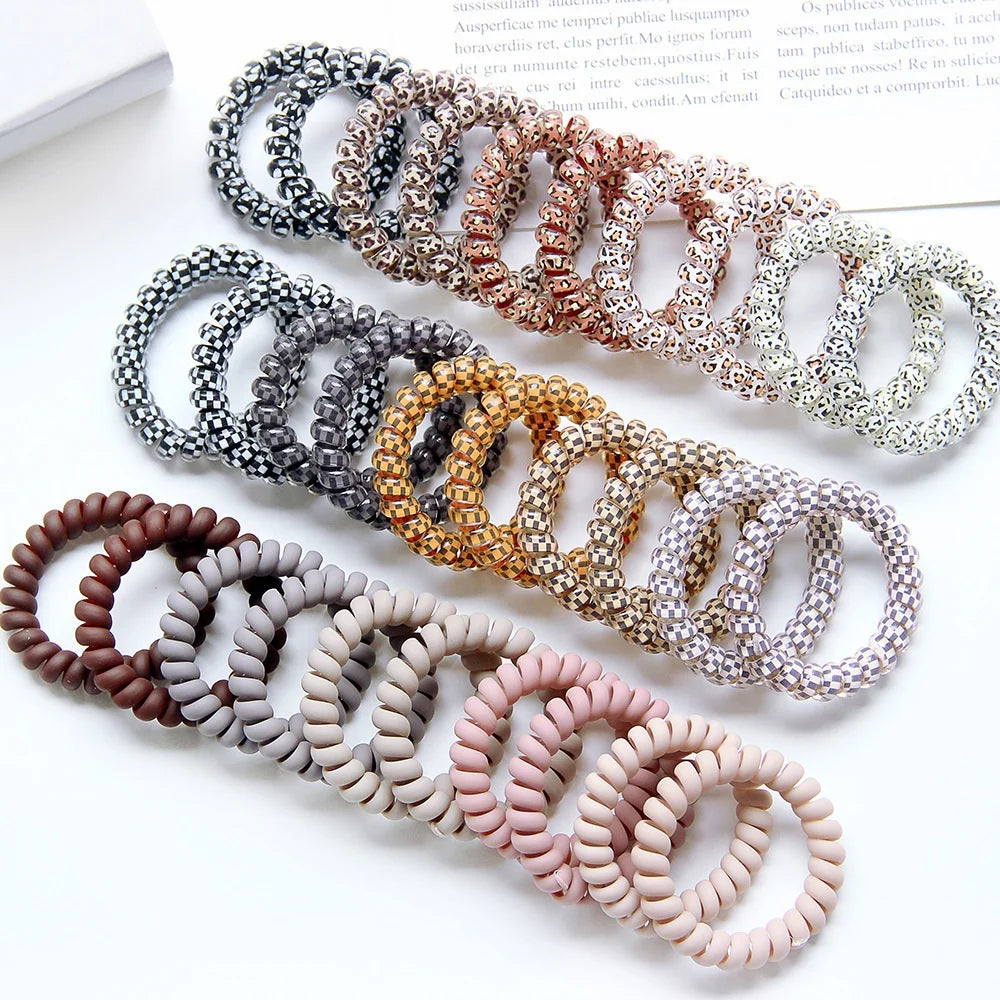 Wholesale Custom 6cm Packs Telephone Nude Color Checker Leopard Phone Cord Coil Hair Bands Elastic Spiraled Hair Ties for Adults