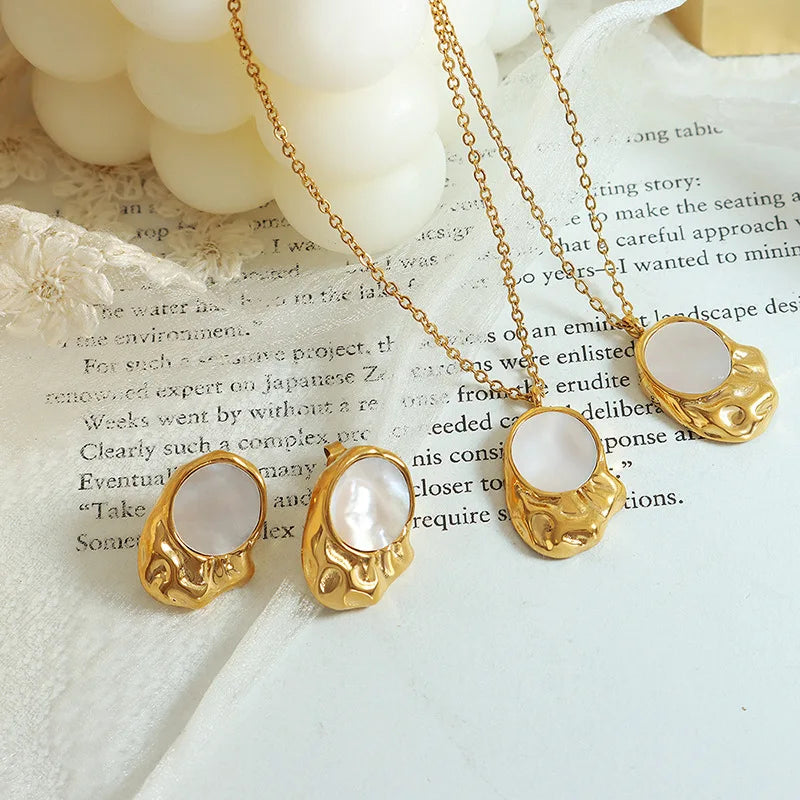 New Arrival White Shell Earring Stainless Steel Irregular Inlaid Natural Shell Pendant Necklace Collier En Acier Inoxydable