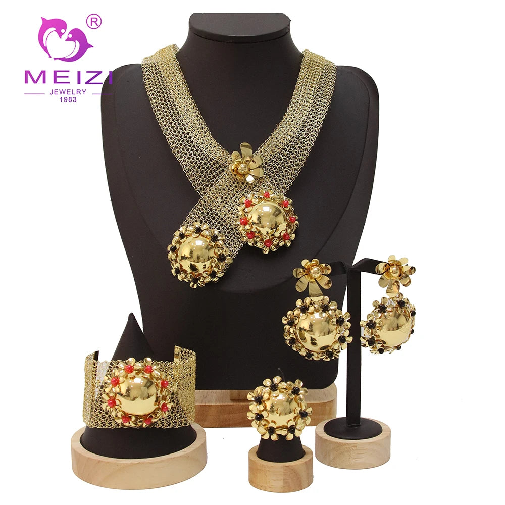 MEIZI JEWELRY Dubai Gold Plated Big Bracelet Ring Earrings Jewelry Set for Women 4 Pieces Wedding Banquet Party Adorn Gift