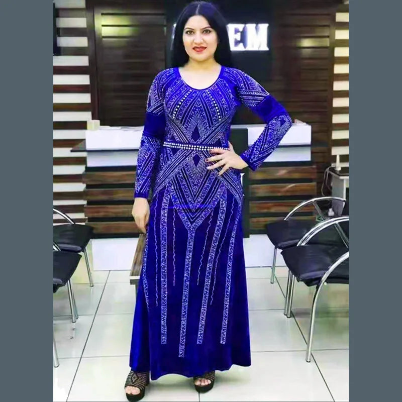 Custom Women's Blue Rhinestone Kaftan Abaya Dress Custom Luxury Dubai Luxury Evening Celebration Kaftan Muslim Dress