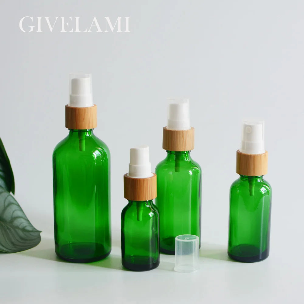 Empty 15ml 30ml 50ml 100ml Natural Packaging Round Clear Green Fine Mist Spray Bottle with Bamboo Wooden Lid for Skin Care