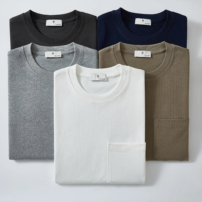 360g Heavyweight Cotton Pocket T-Shirt | Custom Logo Japanese Amekaji Retro Solid Color Slim Collar Tees