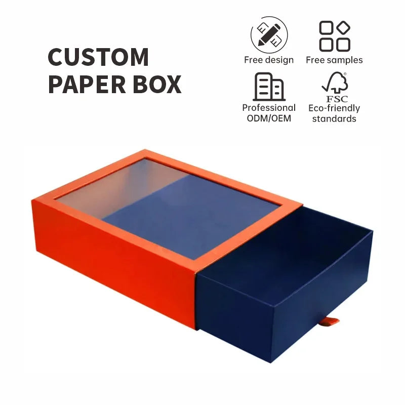 Customize Thin Rectangle Packaging Clear PVC Window Paper Boxes Slid Drawer Gift Package Box with Clear PVC Window Lid