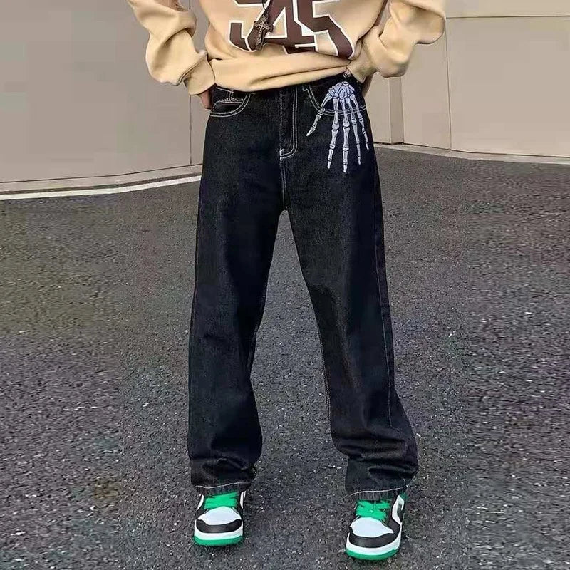 Retro Skull Hand Bone Embroidery Washed Mens Jeans Pants Vibe Style Straight Casual Oversize Denim Trousers Streetwear