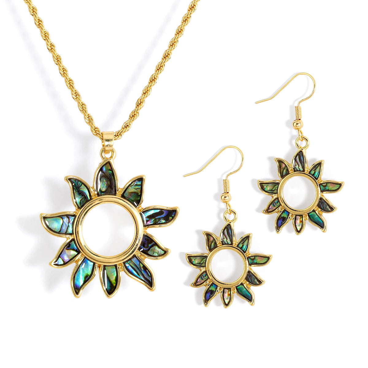 Hawaiian Jewelry Wholesale Abalone Shell Engraved Golden Sun Necklace Earring Set beach Jewelry for Polynesian