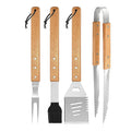 Portable 4-Piece Stainless Steel BBQ Tool Set with Long Wooden Handles Heat Resistant Tongs Spatula & Fork for Charcoal Grilling