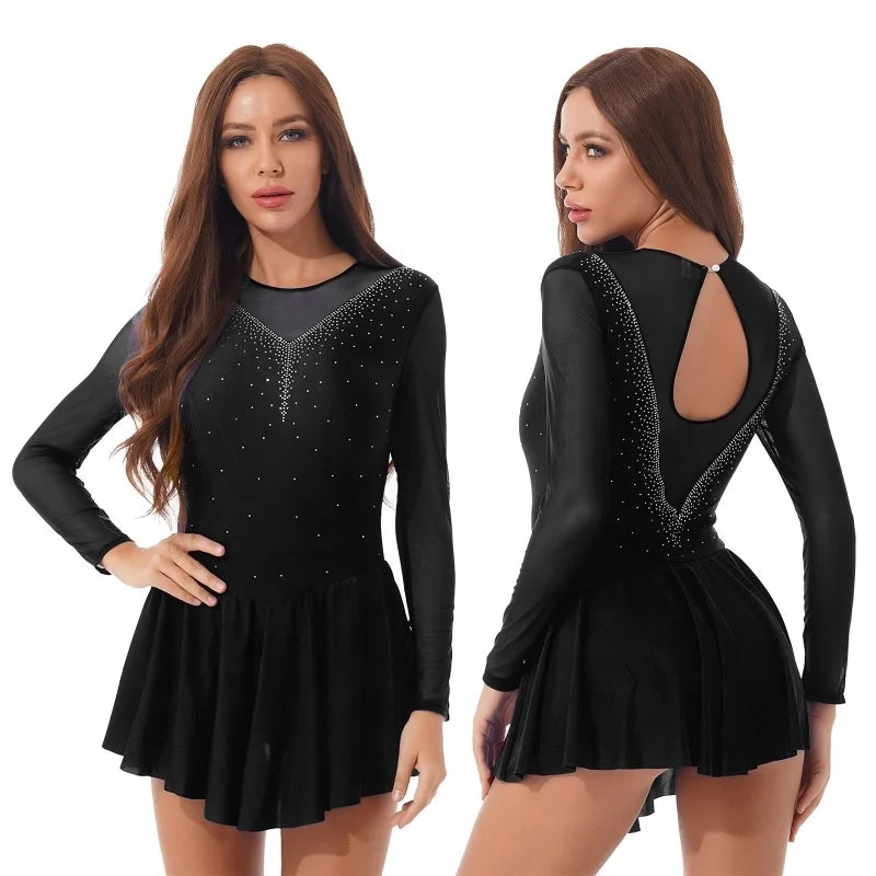 Women Adult Lyrical Dance Dress Modern Contemporary Costume Sequins Mesh Figure Ice Skating Dress