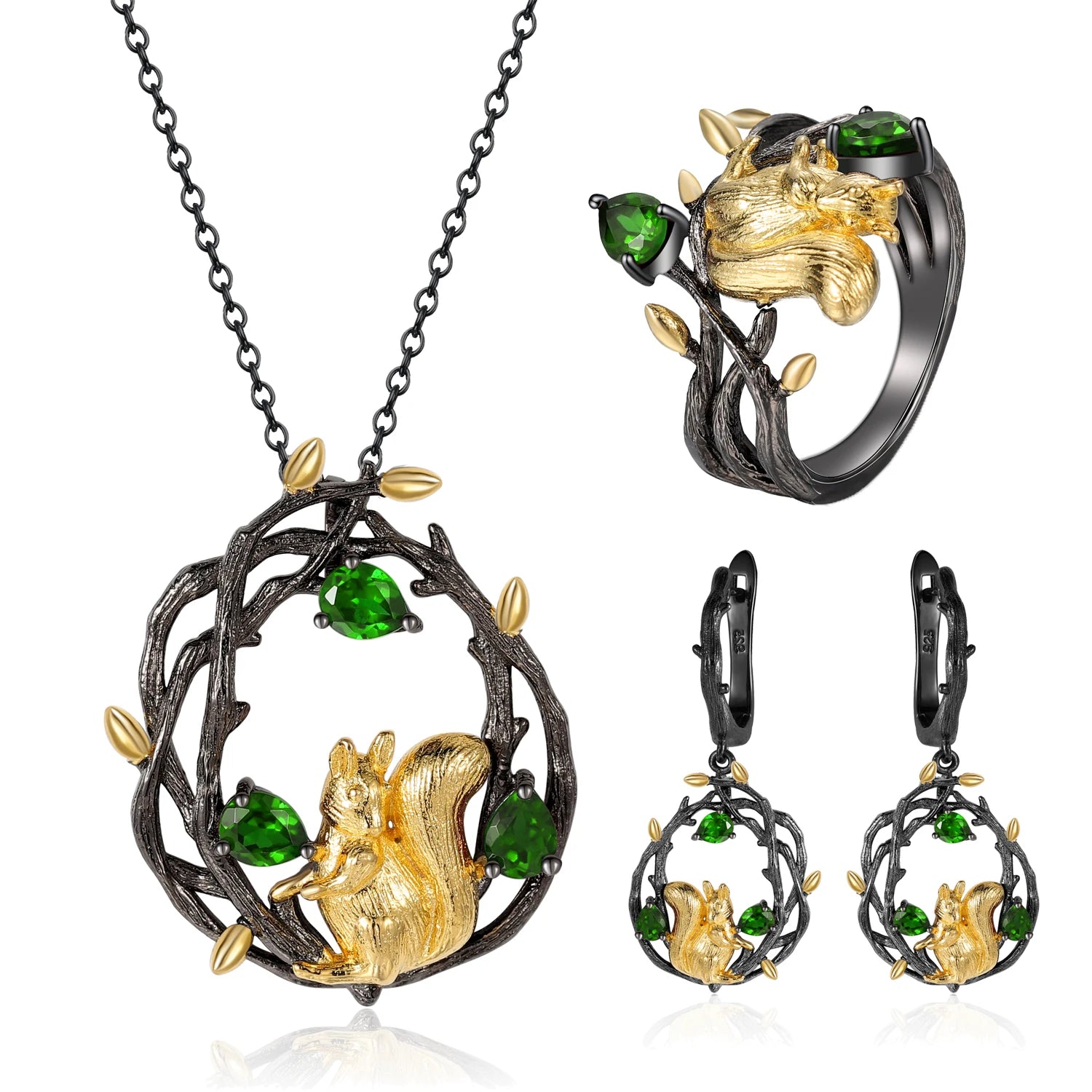 C7874 Abiding Tarnish Free Squirrel Simple Designs Animal 925 Sterling Silver Natural Chrome Diopside Jewellery Set Girls