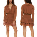High-Quality 2026 New Deep V-Neck Brown Chiffon With Ruffled Silk Mini Peplum  Dress