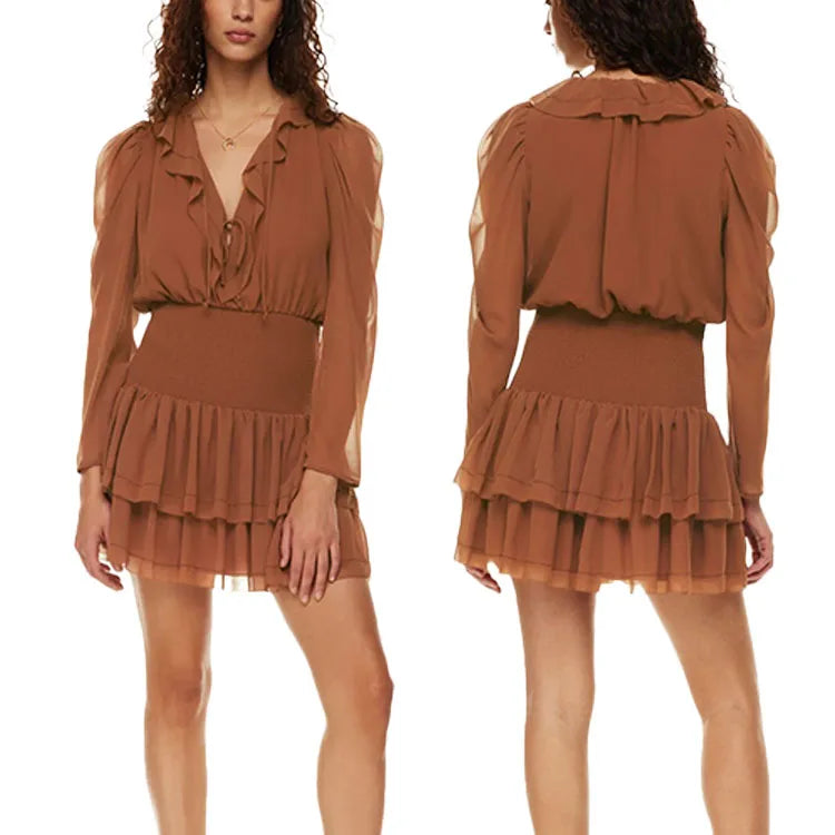High-Quality 2026 New Deep V-Neck Brown Chiffon With Ruffled Silk Mini Peplum  Dress