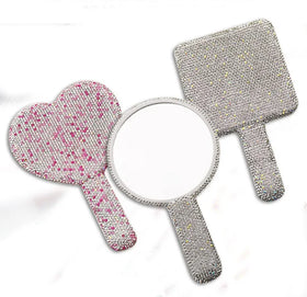 Customized Pocket Mirror Luxury Rhinestone Mirror Hand-held Makeup Mirror Foldable Portable Metal Silver Plastic Round Oppbag