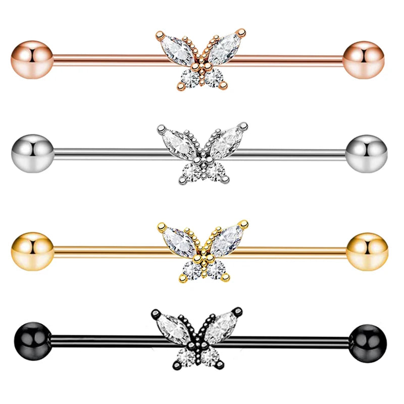 Wholesales Butterfly Stainless Steel Industrial Barbell Earring Cartilage Body Piercing Jewelry 38mm 1&1/2 Inch Industrial