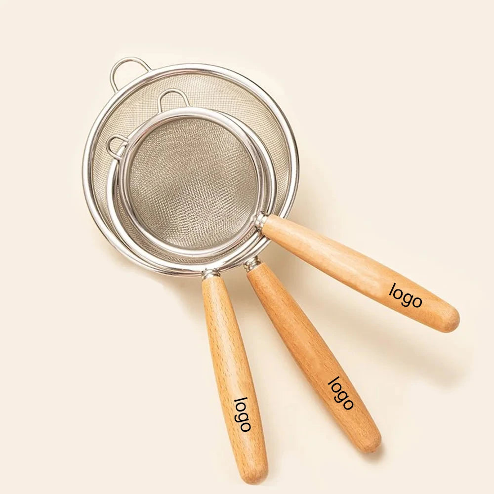 Eco Stainless Steel Strainer With Multi Function Juice Flour Strainer Mesh Sieve Fine Mesh Match Sifter With Wood Handle