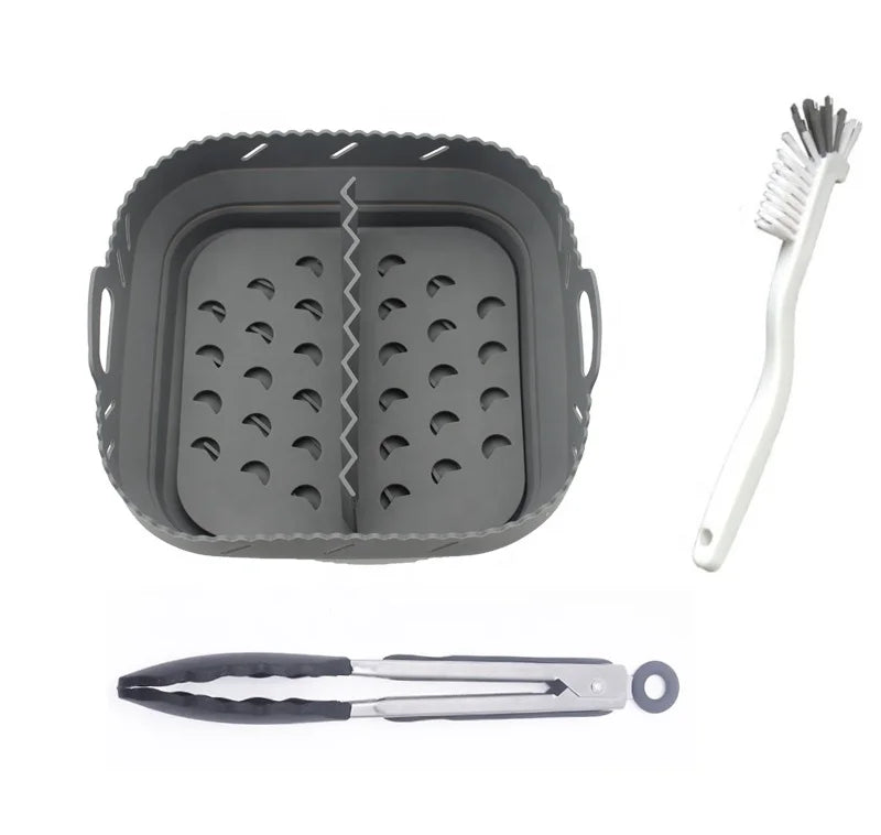 BPA Free Square Shape Silicone Air Fryer Liner Pot with Divider +Silicone Food Tong+Cleaning Brush Set 8.5inches for 6-9Qt Pot