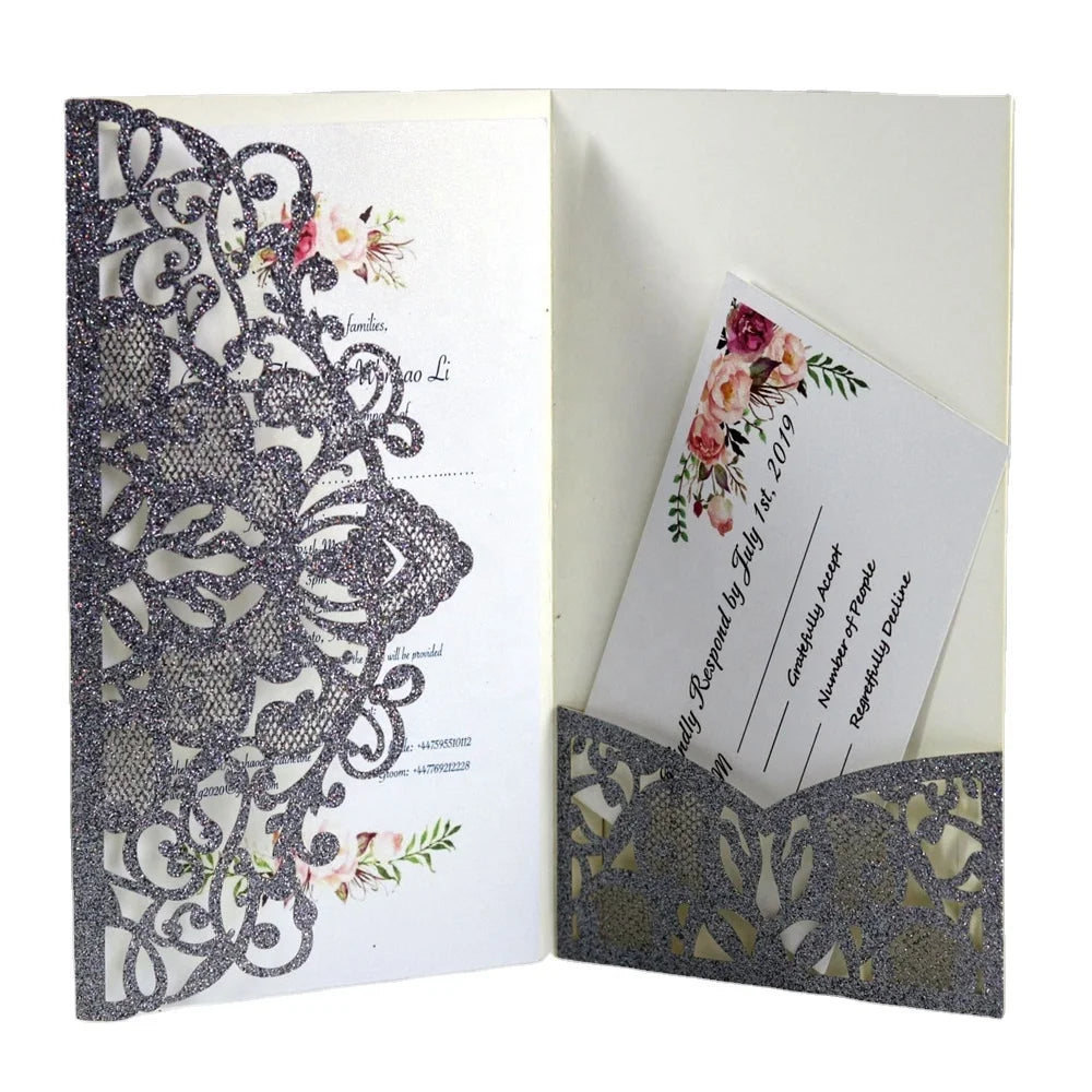 China Suppliers Laser Cut Pocket Folder Wedding Invitation Card with Small Card MegaBDM