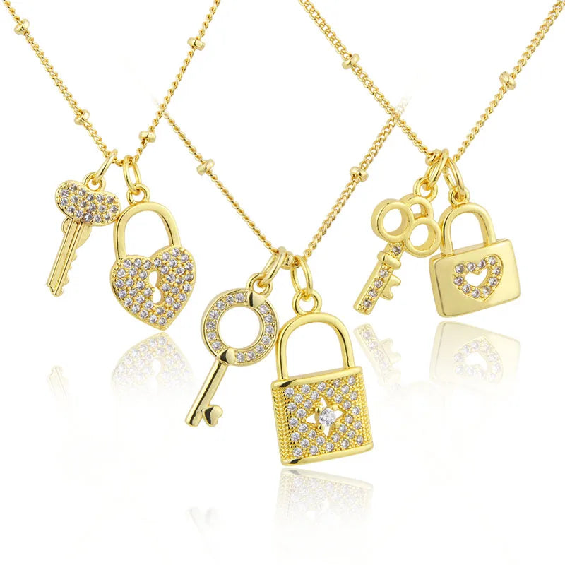 18K New Arrived Key and Lock Fashion Chain Necklace Gold-plated Copper Pendant Inlaid With Zircon Jewelry Gifts