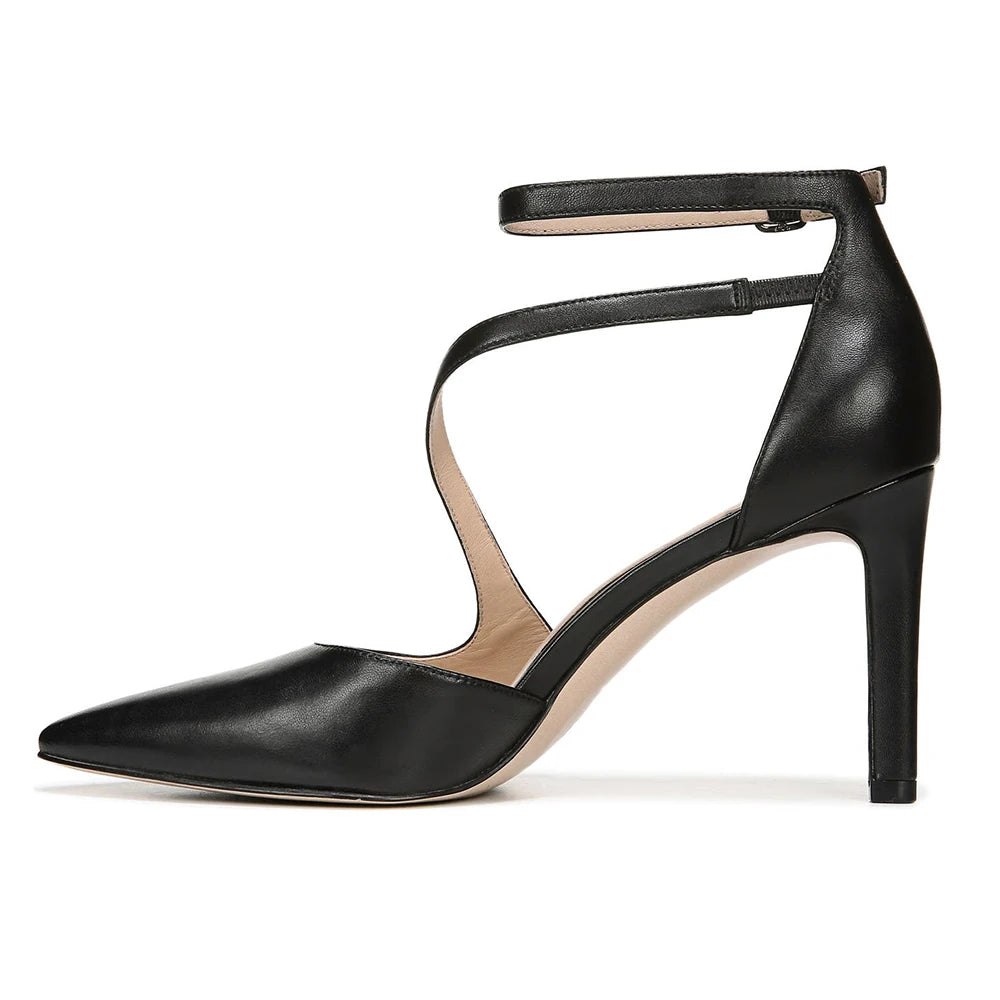 Top Quality Black PU Leather Women Heels Ankle Strap Pointed Toe Stilettos High Heel Pumps