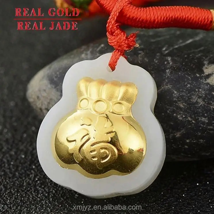 Certified Gold Inlaid With Jade 3D Hetian Jade Inlaid With Gold Pure Gold Hetian Jade Gemstone Lucky Bag Pendant For Men