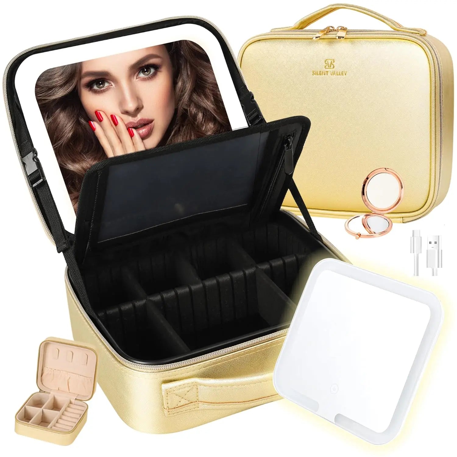 Portable Travel Makeup Case Light-Up Detachable Mirror Train Case Organizer Zipper Closure Makeup Bag for Convenient Application