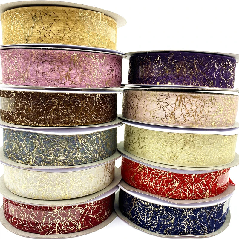 Hot Stamping Gold Foil Printed Organza Ribbon Flowers Gift Customized Packing Ribbon for Wedding Decoration DIY