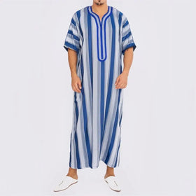 Wholesale Short Sleeve Blue Stripe Mens African Arabia Nation Gown Full Dress Jubba Thobe Man