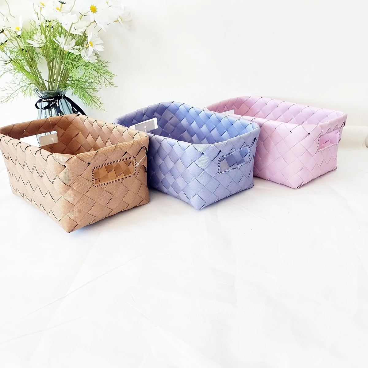 Customized PP Woven Rectangle Storage Basket Colorful with Handles for Gifts