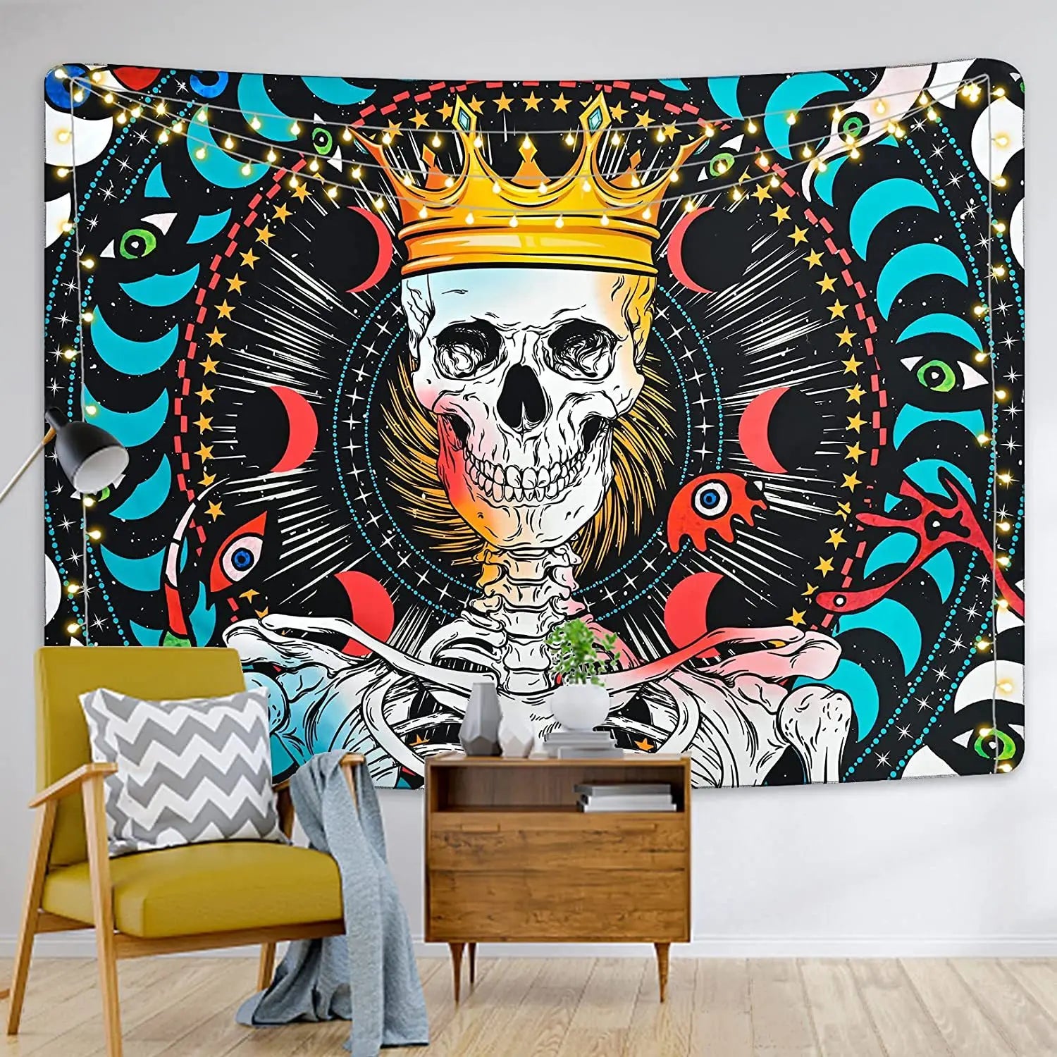 Skull Decoration Tapestry Wall Hanging Trippy Abstract Psychedelic Moon Mushroom Wall Tapestry for Bedrooms Large Print Blanket