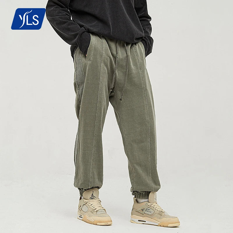 YLS Wholesale Men's Vintage Casual Sweat Pants Mid Waist Blank Joggers Stacked Track Pants Plain Dyed