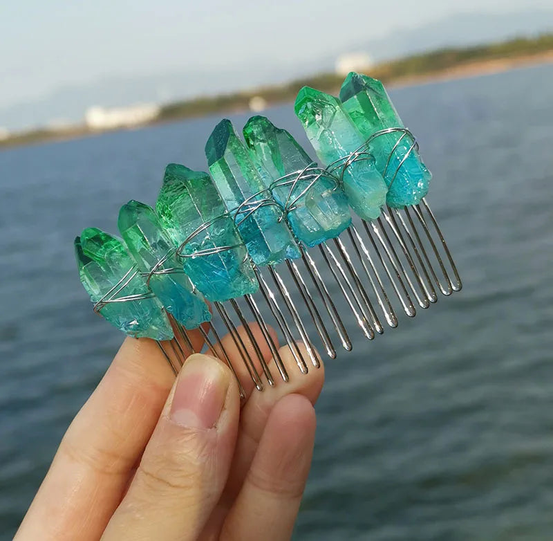 HZ Direct Supplier Natural Crystal rainbow Green Blue Bridal Hair Accessories Silver Thread 20 Tooth Colorful Crystal Hair Comb