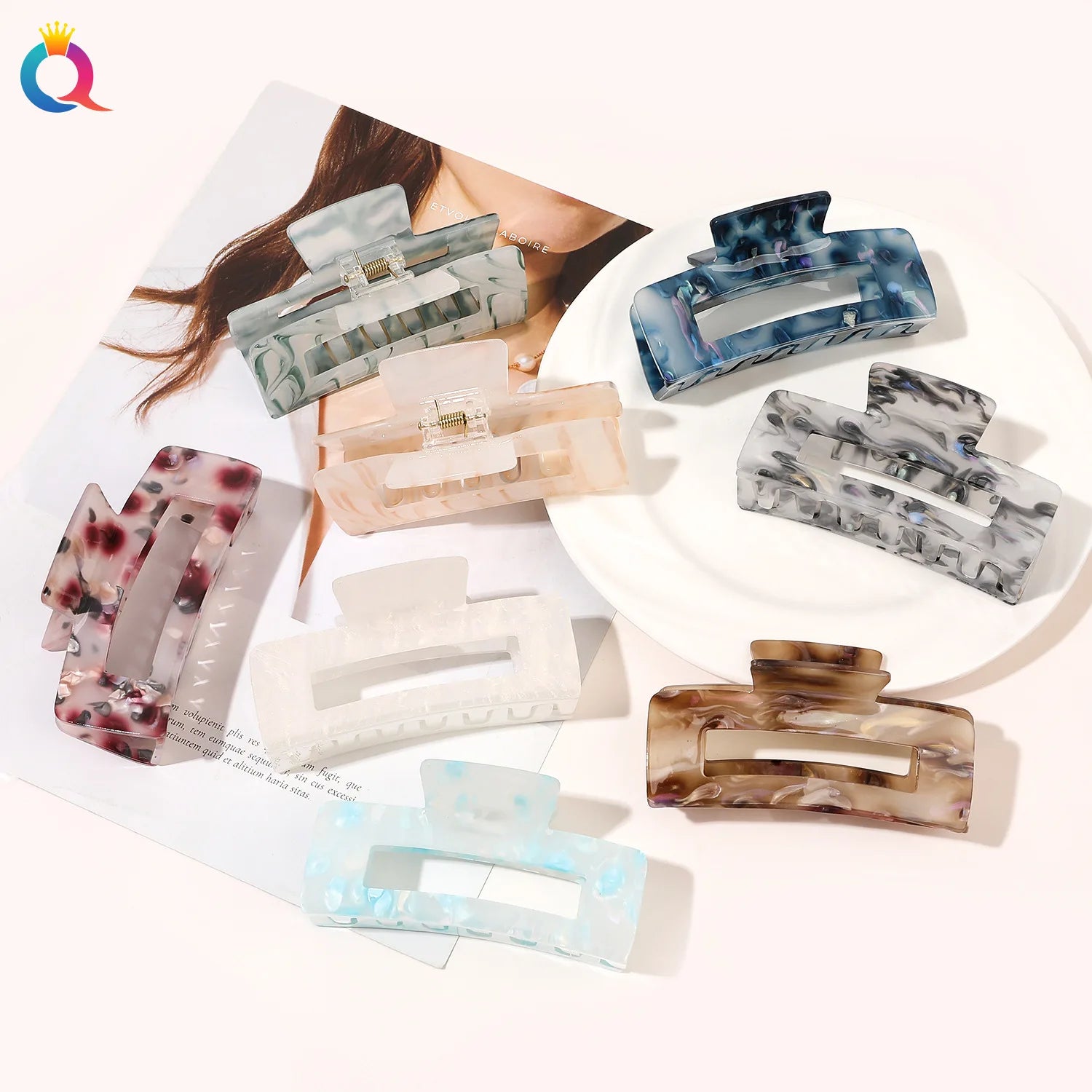 QIYUE Rectangle Acrylic Pearl Big Hair Claw Clip for Women Thick Long Hair Women's Hair Accessories