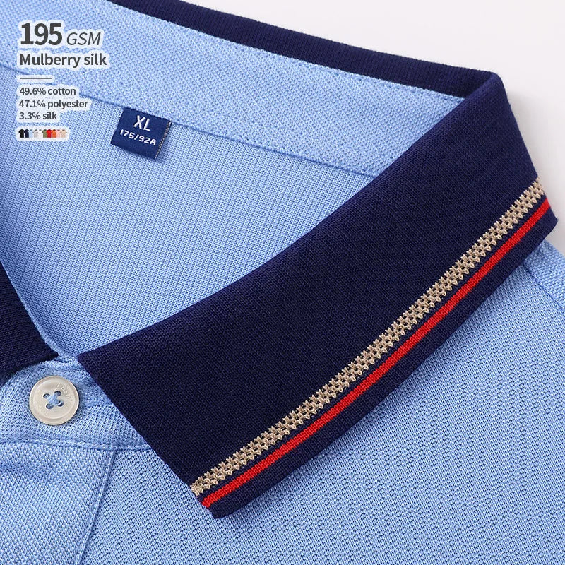 Mulberry Silk 195 GSM 49.6% Cotton 47.1% Polyester 3.3% Silk Unisex Smooth Contrast Color Men Customized Polos T Shirt Polo