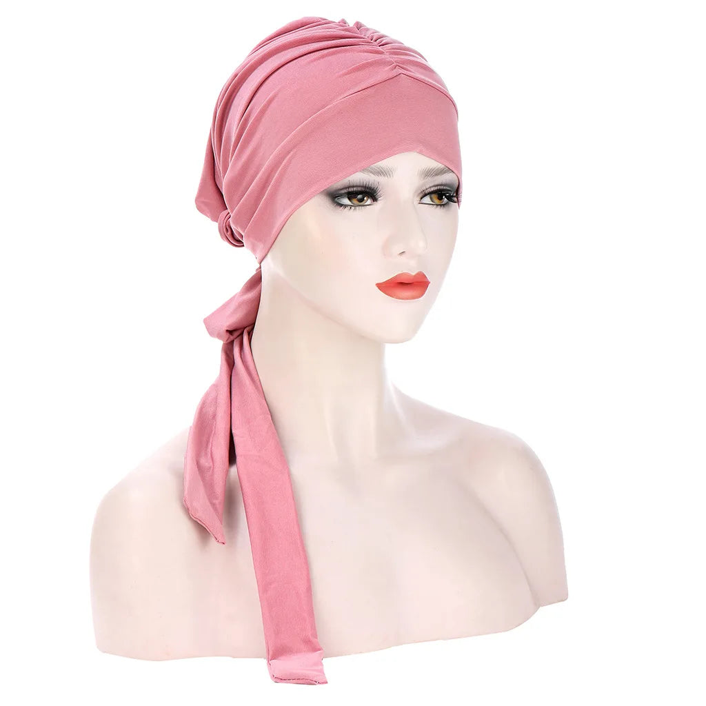 Fashionable New Versatile Muslim Solid Crystal Hemp Long Tail Bow Headband Hat Inner Turban