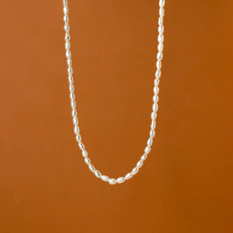 D8722 2021 Real Sterling Silver Dainty Necklaces 2mm Natural Freshwater Tiny Rice Pearl Stackable Necklace Trendy Jewelry