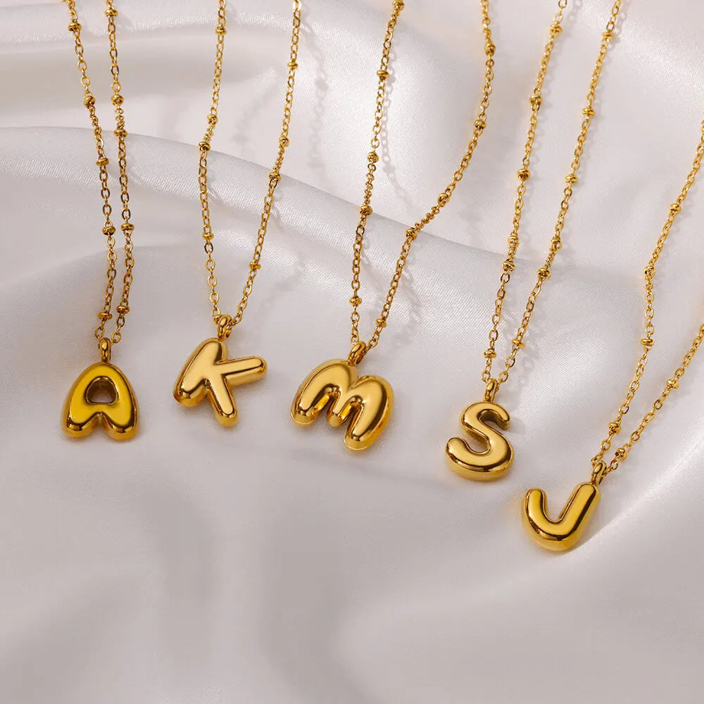 Wholesale Dainty Stainless Steel Gold Plated Bubble Initial Letter Pendant Necklaces Chunky Alphabet Fashion Necklace for Women